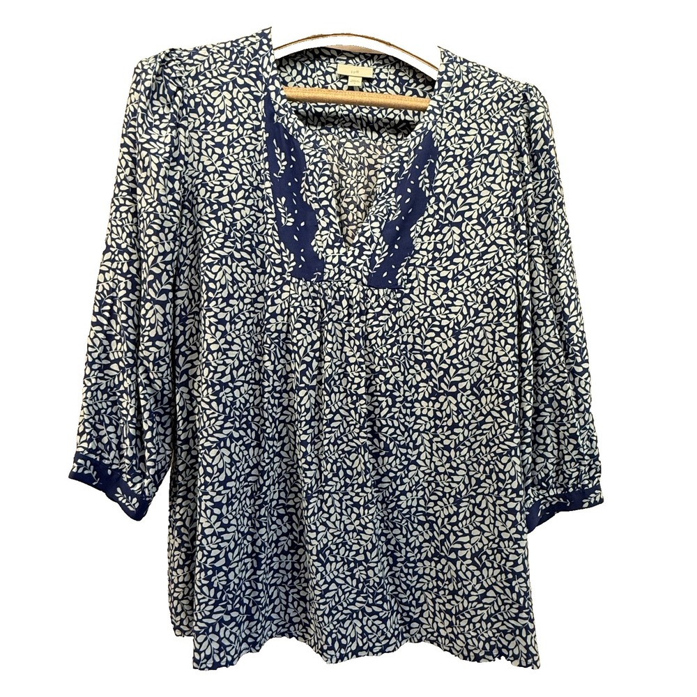 J.Jill Women's Large Blue Botanical Leaf Print Rayon‎ Blouse Boho Tunic